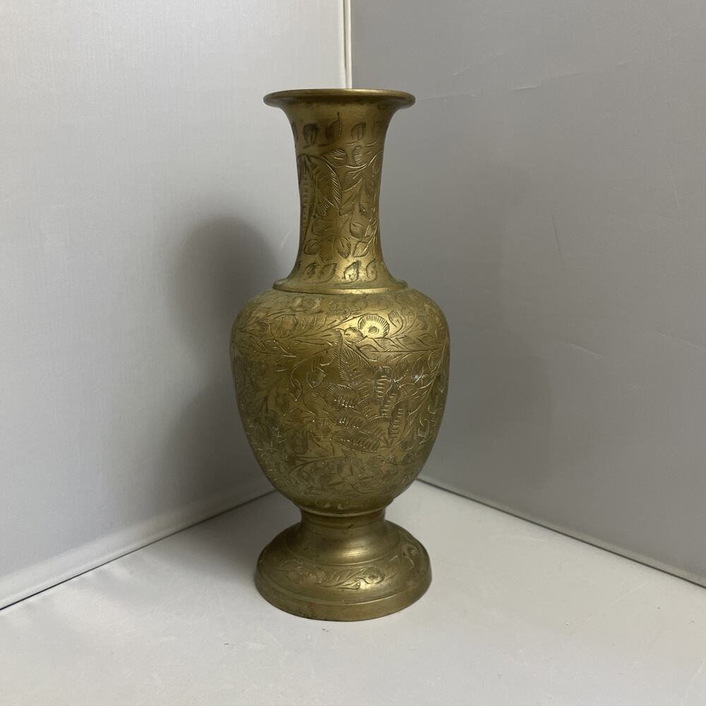 Vintage‎ Etched Brass Metal Floral Flower Vase India 8”